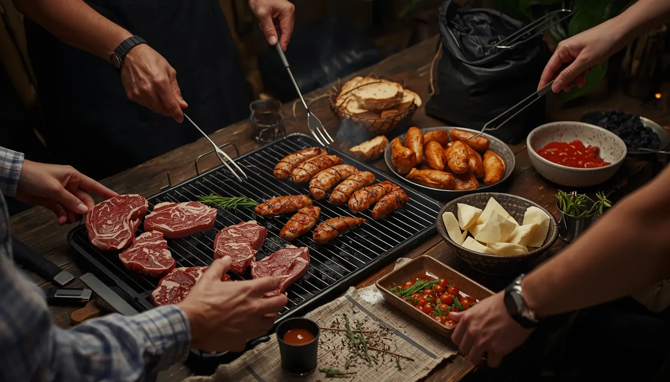 Kit de churrasco com carnes, linguiça, frango e pão de alho