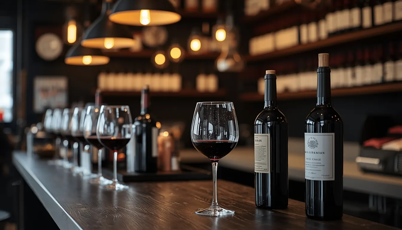 Taças e garrafas de vinho no balcão